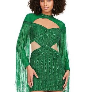 Green Beaded Fringe Cutout Mini Dress
